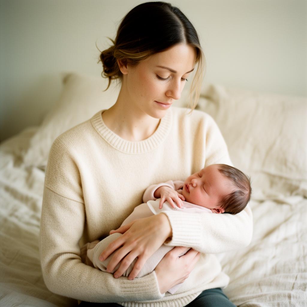 Mother holding her baby in a calm, sunlit room
